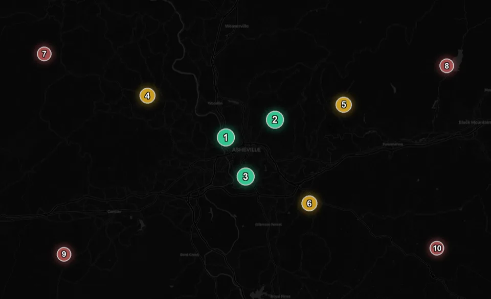 A service-area map with numbered rank badges scattered across it — a stand-in for the point-by-point map-pack tracking described above, not a real account's measured positions.